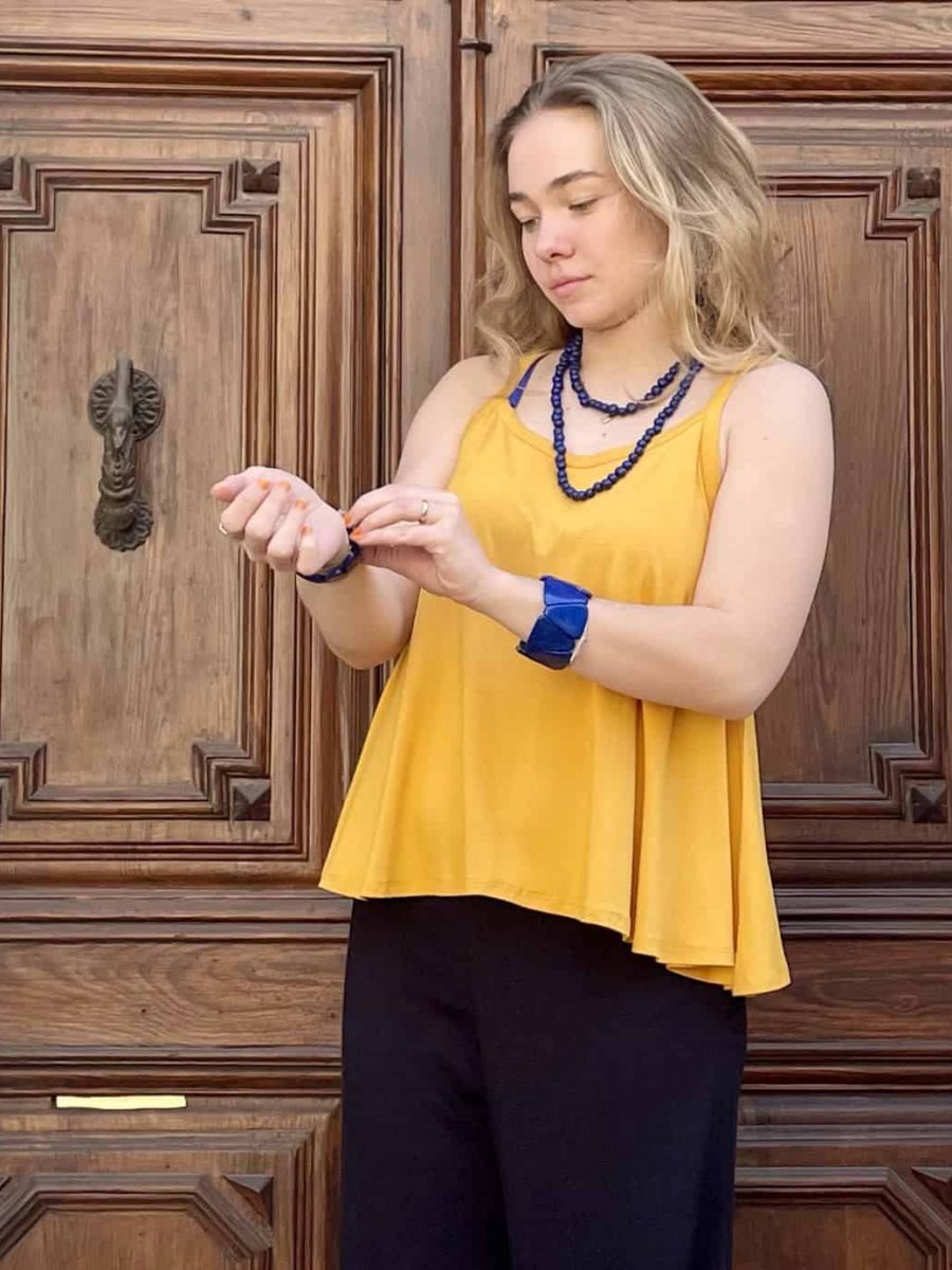 japamala plus size customer with our summer bell top outside the store in barcelona